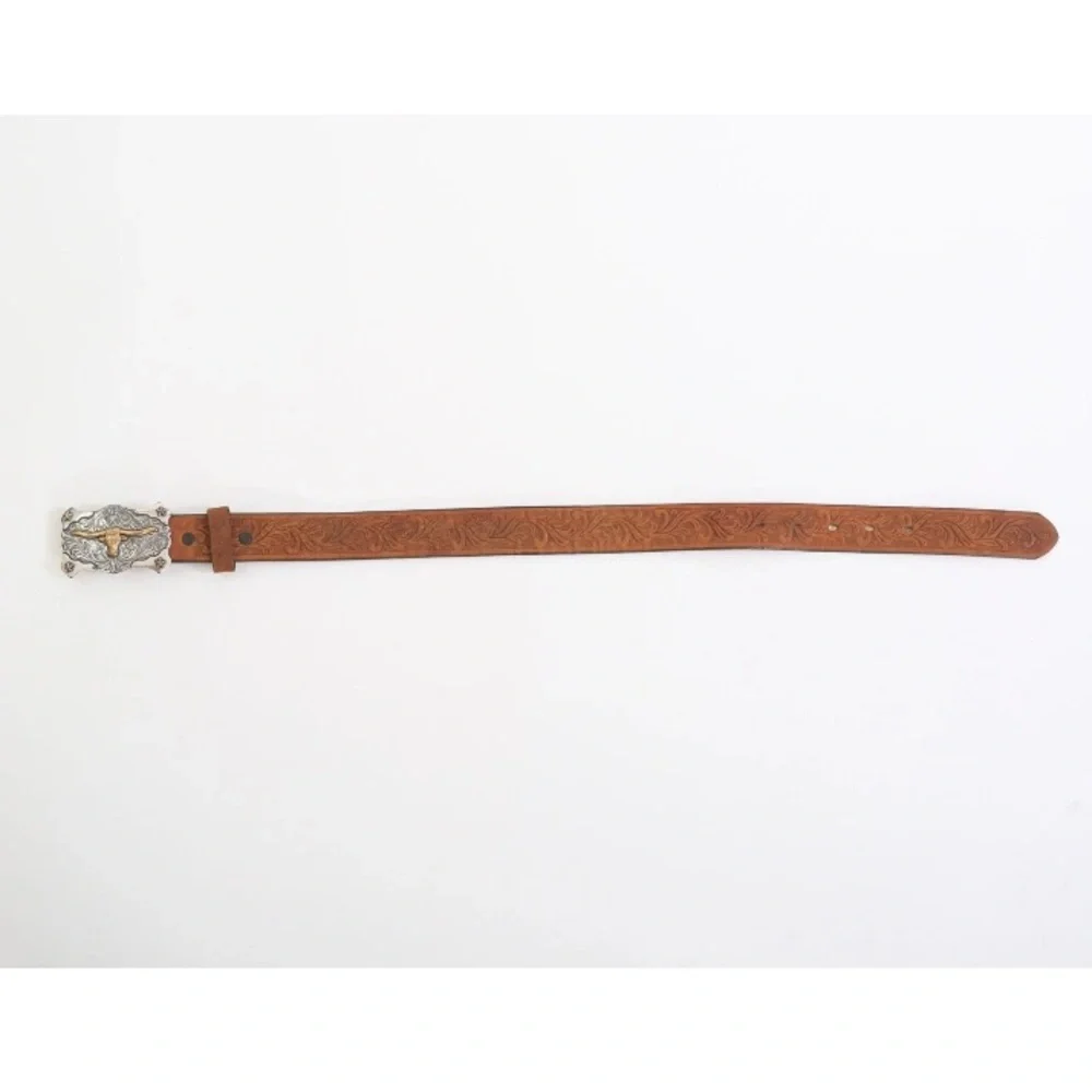 Vintage style Tony Lama USA Western long horn buckle tooled leather kids belt